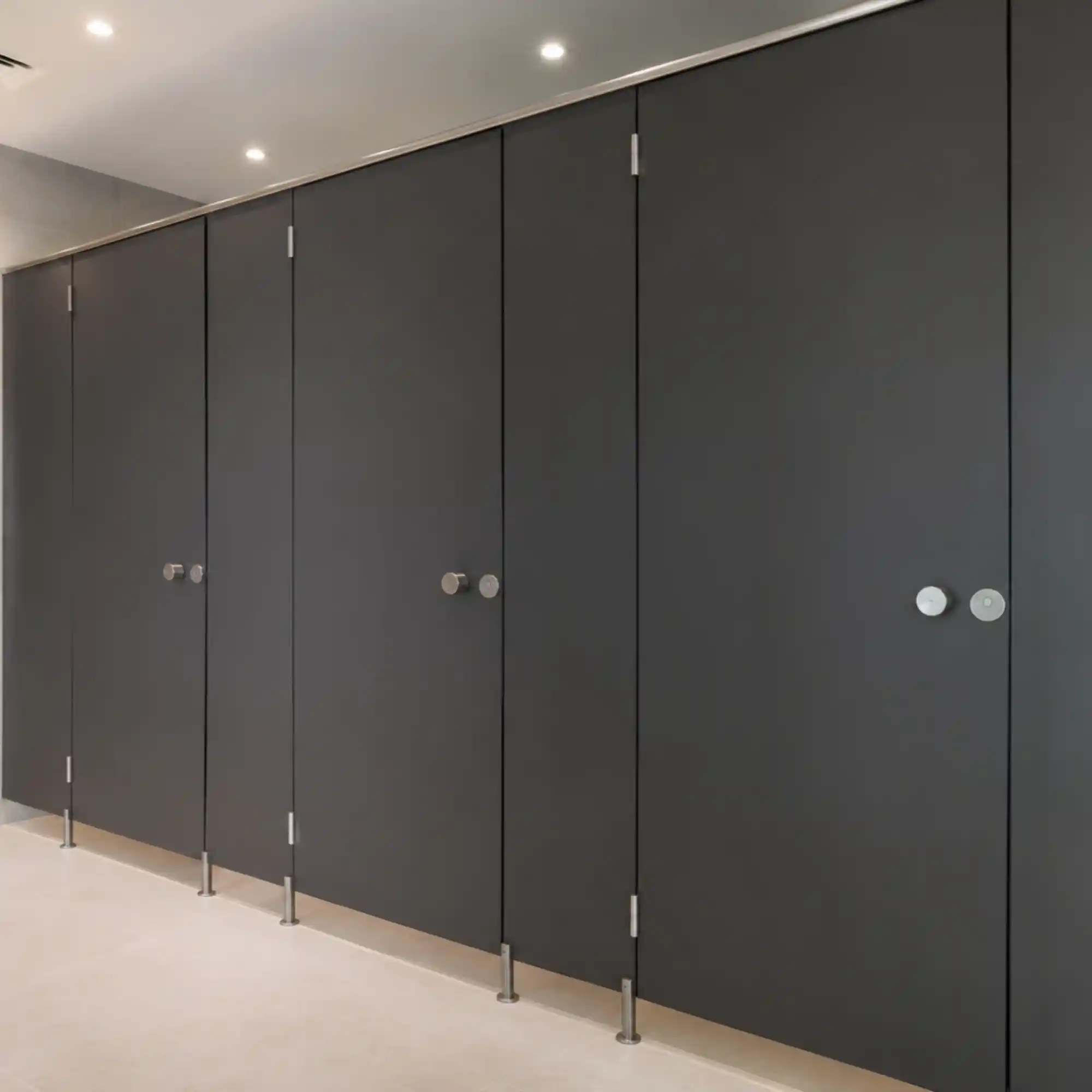 Instalación de mamparas de sólido fenólico de alto tráfico en color gris oscuro para sanitarios de un centro comercial en Zona Plateada. Se observan los herrajes de acero inoxidable y el diseño moderno resistente a la humedad.