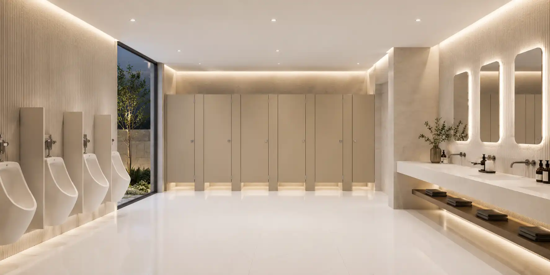 Baño comercial amplio con mamparas sanitarias porcelanizadas azules recién instaladas — Mamparas Sanitarias Ixmiquilpan