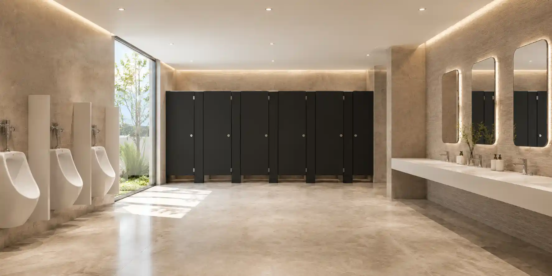 Baño comercial amplio con mamparas sanitarias negras, mingitorios y lavabos con espejos retroiluminados en acabados de piedra beige — Mamparas Sanitarias Tepeji del Río