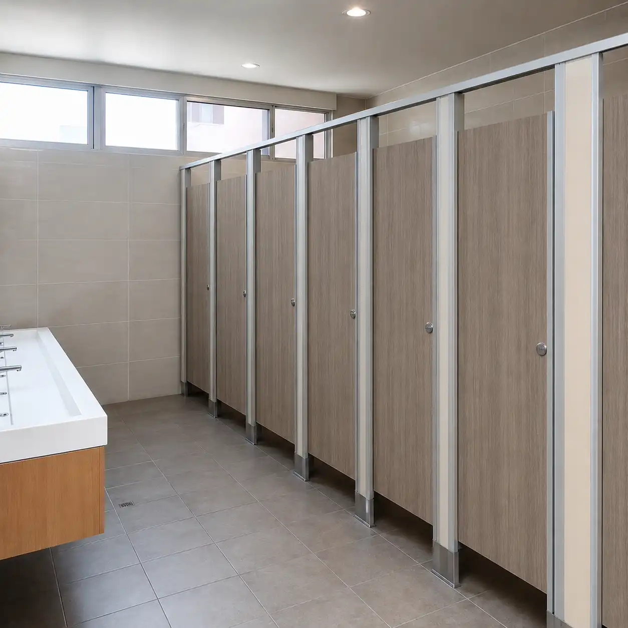 Divisiones de Panelart melamínico con veta de madera en tono nogal claro, estructura y perfilería de aluminio, cerraduras de perilla redonda y zapatas metálicas, junto a un lavabo corrido blanco con varias llaves y piso de porcelanato gris, en los baños de un plantel educativo en Pachuquilla, Mineral de la Reforma.