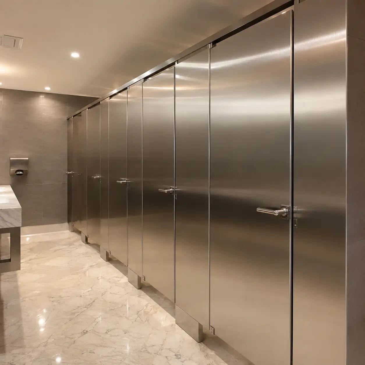 Sanitarios de oficina corporativa con divisiones de acero inoxidable cepillado de piso a techo, manijas tipo palanca y zapatas metálicas, muro de gres gris y piso de mármol blanco veteado; mamparas sanitarias instaladas en Paseos de Chavarría, Mineral de la Reforma.