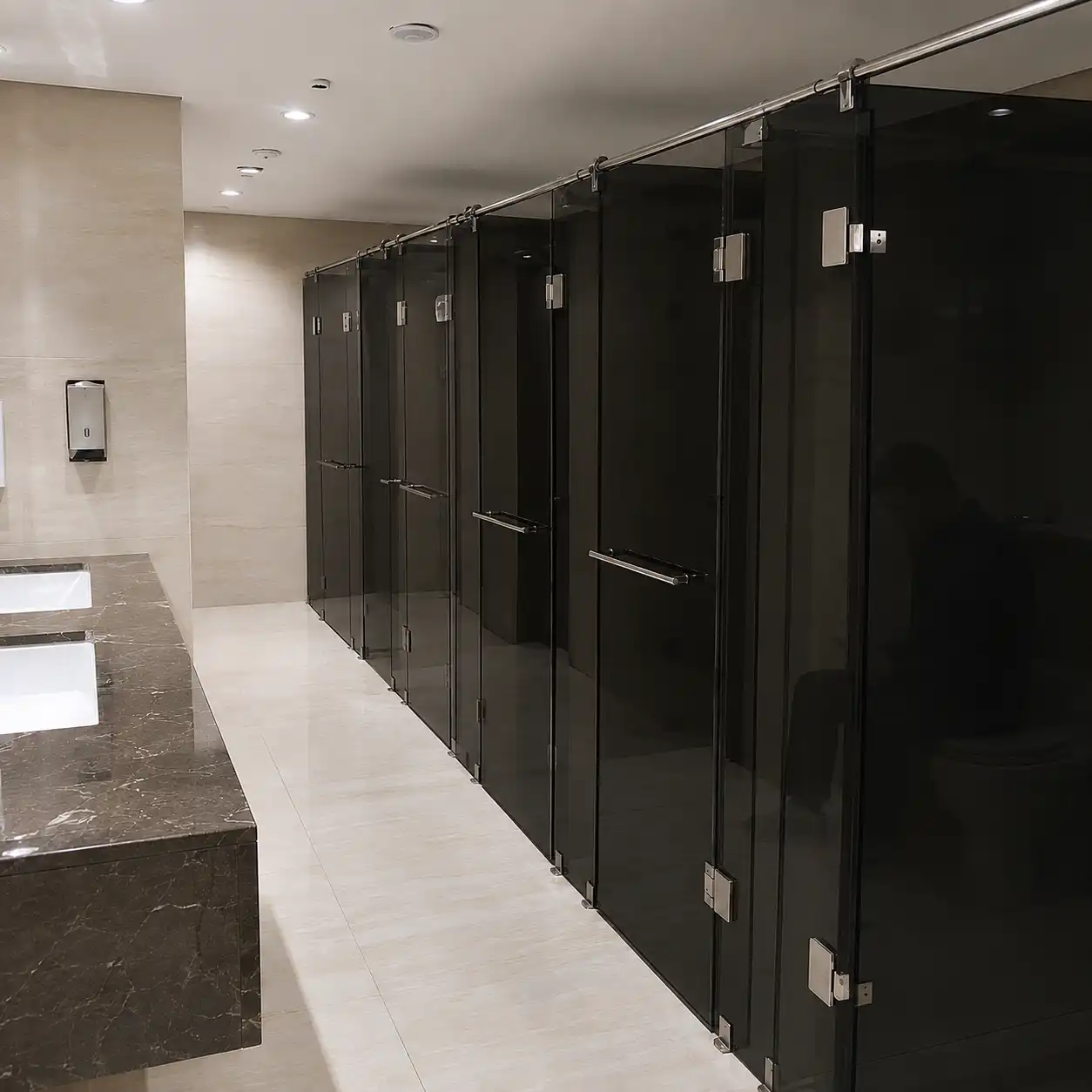 Mamparas sanitarias de vidrio templado tintado en tono humo con herrajes y jaladeras tubulares de acero inoxidable, riel superior metálico, lavabos rectangulares sobre cubierta de mármol oscuro y piso de porcelanato claro en los baños de una plaza comercial en Villas del Álamo, Mineral de la Reforma.