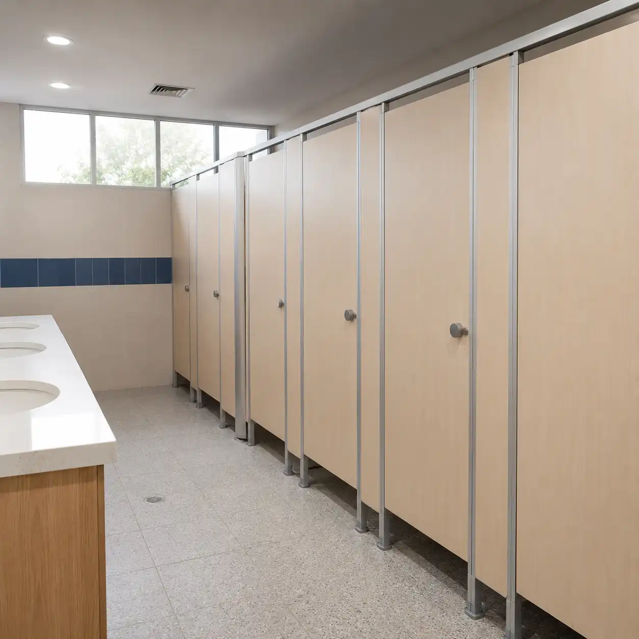 Mamparas de Panelart melamínico tono madera en baños de plantel educativo ubicado en Los Candiles, municipio de Corregidora, Querétaro.