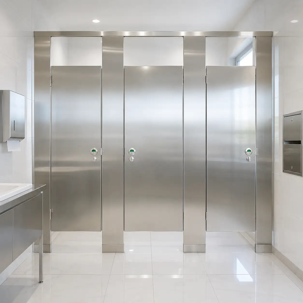 Mamparas de Acero Inoxidable en Clínica de la Zona del Hospital General de Actopan Mamparas de acero inoxidable satinado con indicadores de ocupación en el baño de una clínica cercana al Hospital General de Actopan.