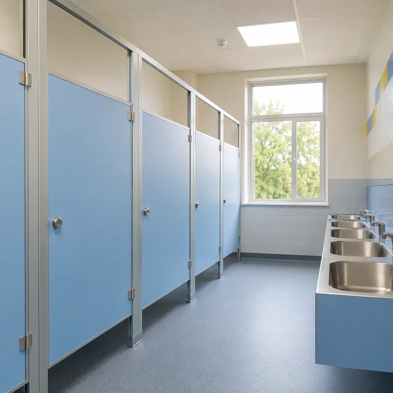 Mamparas Melamínicas en Escuela del Fraccionamiento Nuevo Actopan Mamparas de panel melamínico azul claro con estructura de aluminio en el baño de una escuela del fraccionamiento Nuevo Actopan.