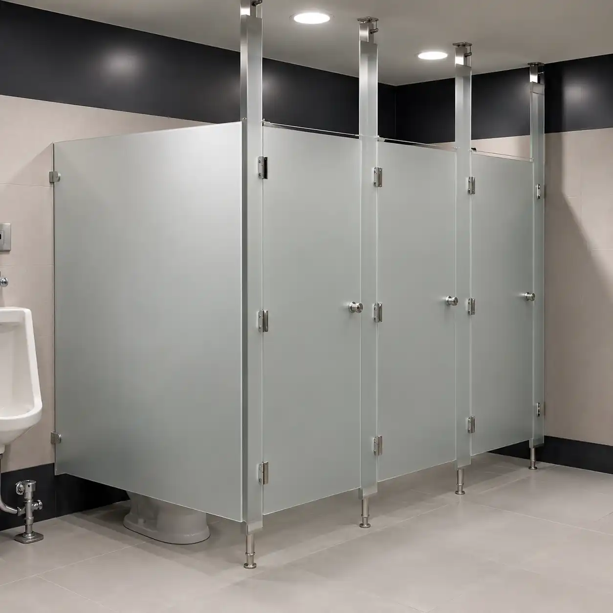 Mamparas Sólido Fenólico Actopan Módulo de mamparas de sólido fenólico gris grafito resistente al agua en sanitario público de alto tráfico en Actopan.