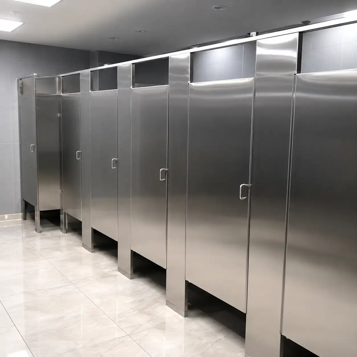 Mamparas Sanitarias El Marqués de acero inoxidable pulido en sanitario corporativo premium