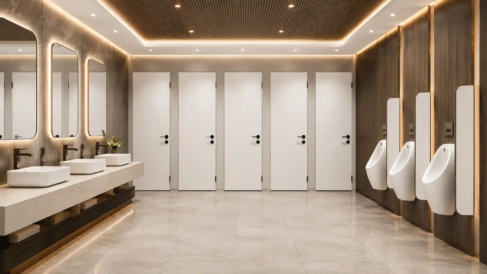 Mamparas Sanitarias El Marqués: baño comercial premium con divisiones de piso a techo blancas, lavabos sobre cubierta de mármol, espejos iluminados y mingitorios.