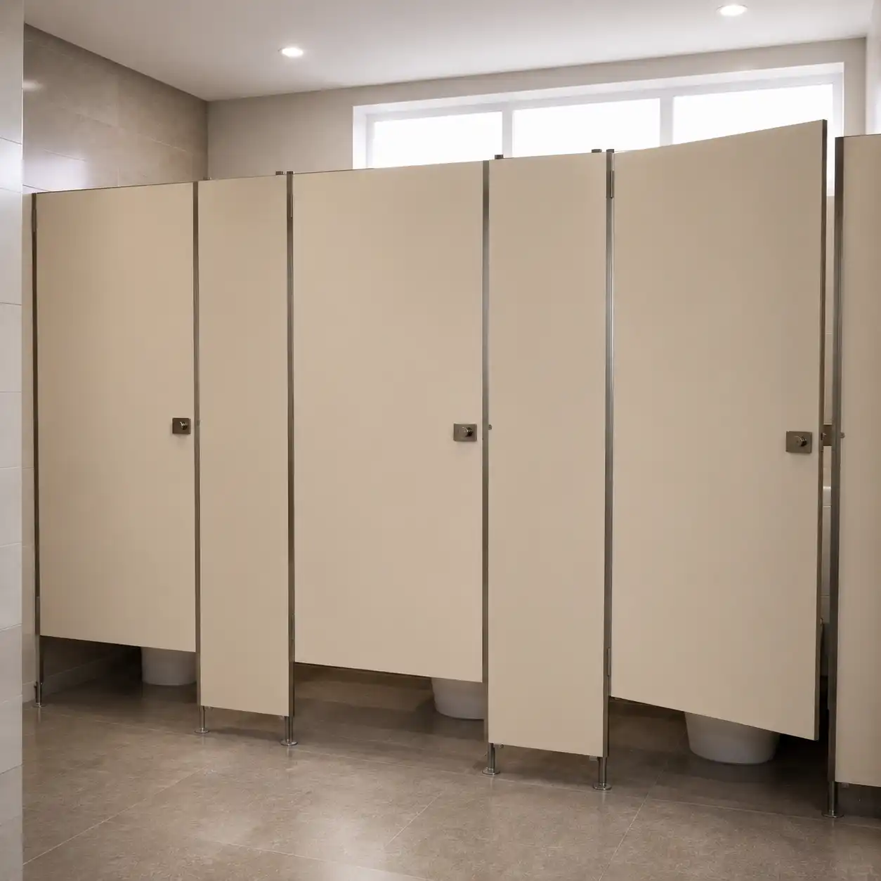 Mamparas Sanitarias El Marqués esmaltadas color crema con acabado uniforme y resistente