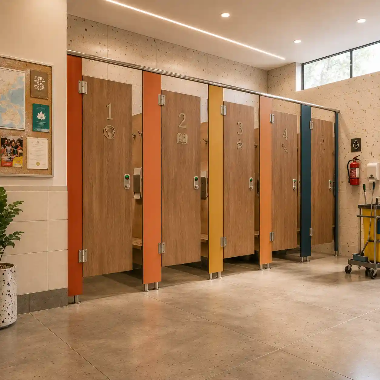 Fila de mamparas de panel melamínico numeradas del 1 al 5 en el sanitario de una escuela en Zákia, El Marqués, con puertas tipo madera y pilastras en colores cálidos.