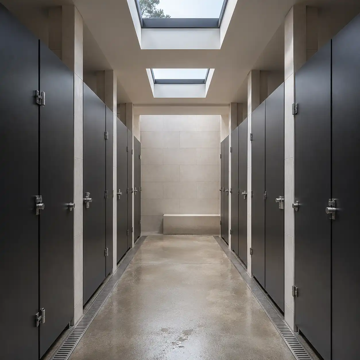 Pasillo de vestidores con mamparas de sólido fenólico gris oscuro y herrajes de acero inoxidable, piso pulido con coladera lineal e iluminación cenital de un balneario del Valle del Mezquital