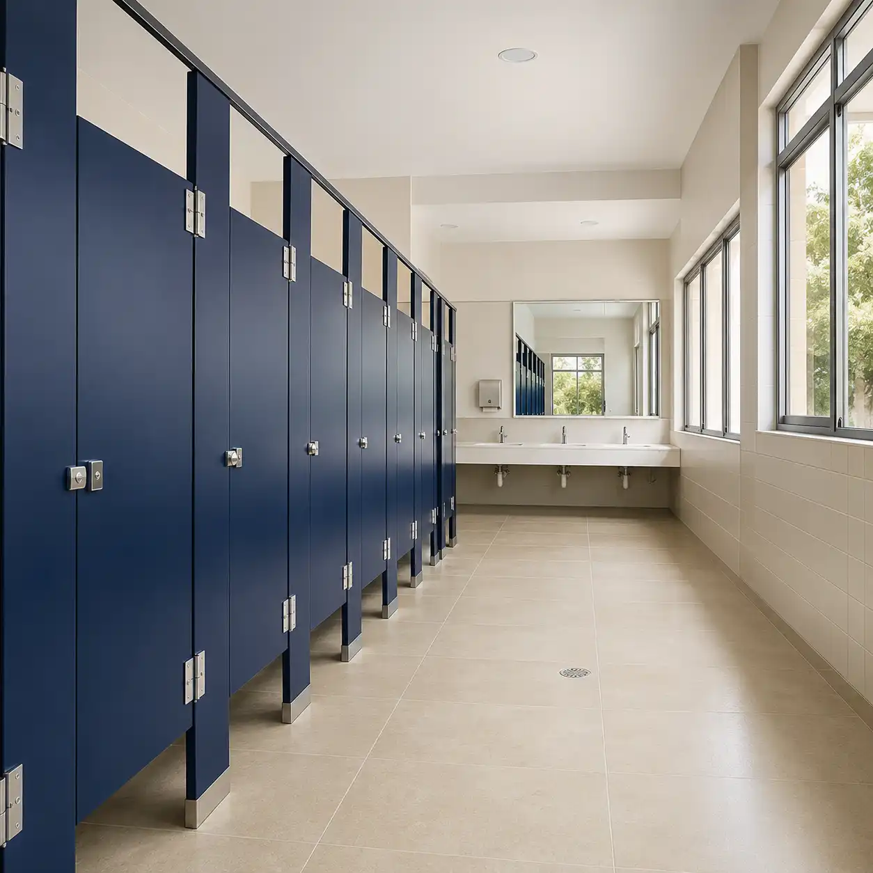 Hilera de mamparas porcelanizadas azul marino con herrajes de acero inoxidable en los sanitarios de un plantel educativo, con lavabos y espejo al fondo iluminados por luz natural