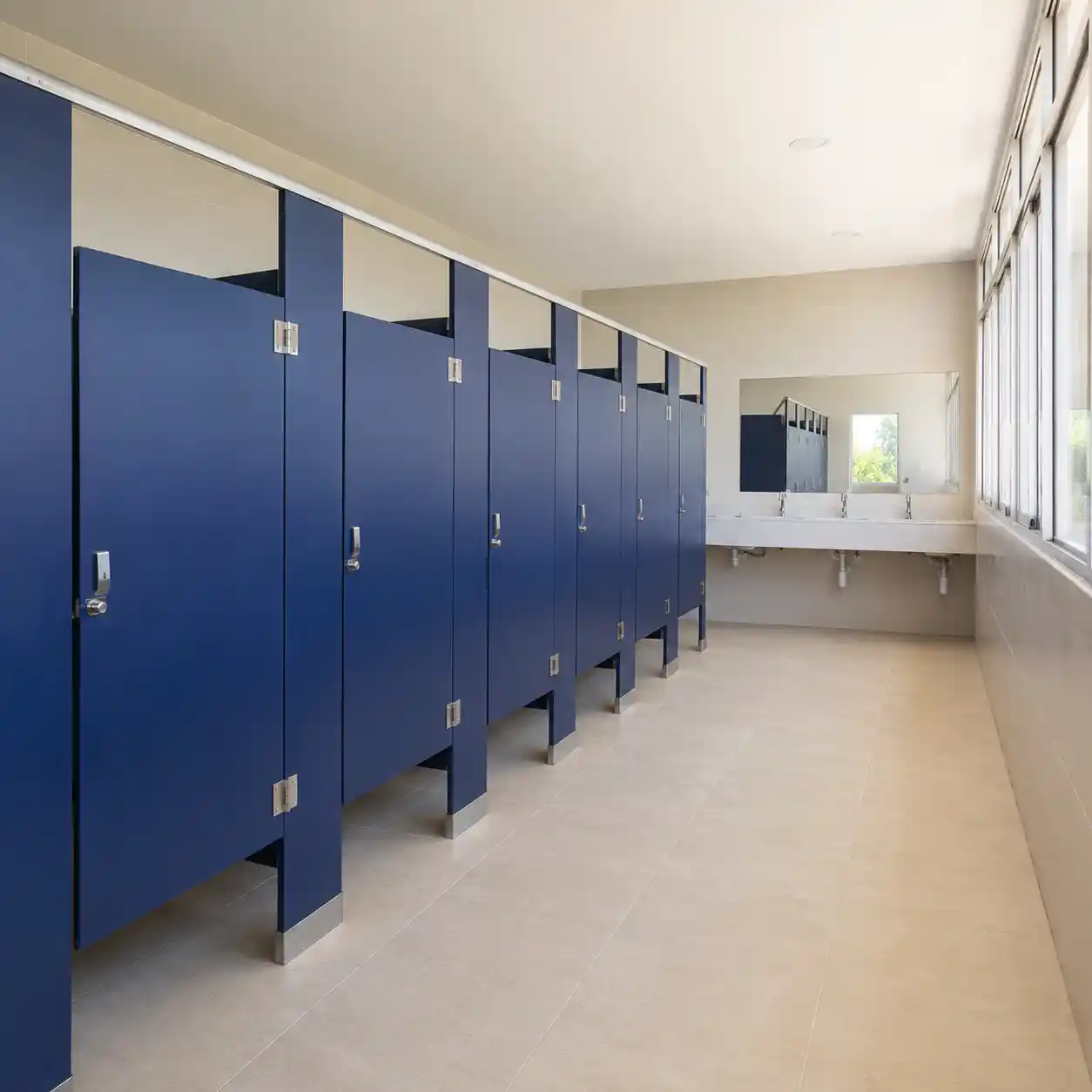 Hilera de mamparas porcelanizadas azul marino en los sanitarios de un plantel educativo, con lavabos y espejo al fondo iluminados por luz natural