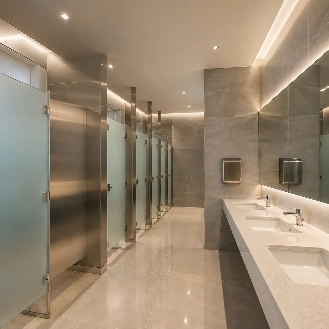 Baño de plaza comercial con mamparas de acero inoxidable y canceles de vidrio templado esmerilado, cubierta de lavabos premium en cuarzo blanco e iluminación cálida