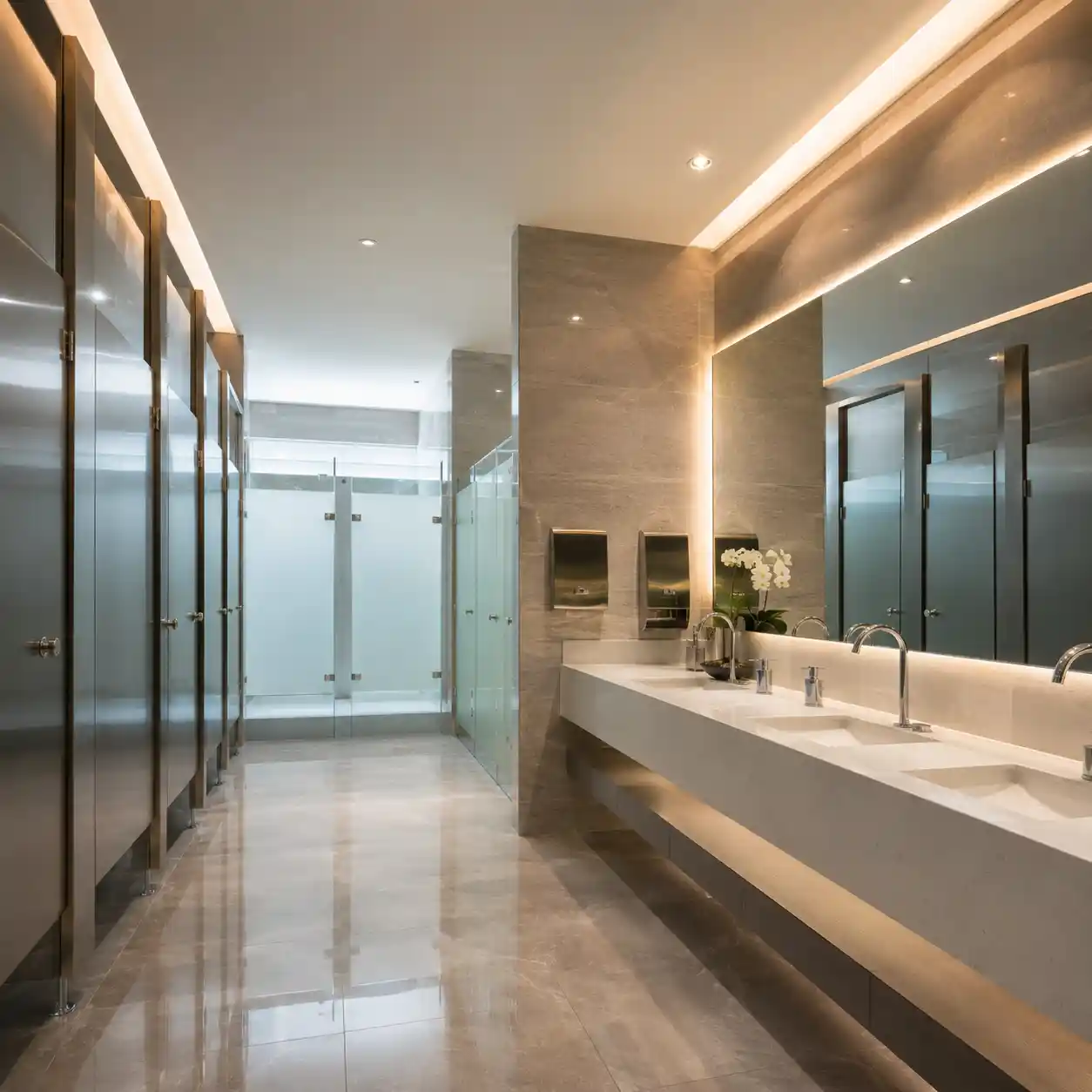Baño de plaza comercial con mamparas de acero inoxidable y canceles de vidrio templado esmerilado, cubierta de lavabos premium e iluminación cálida