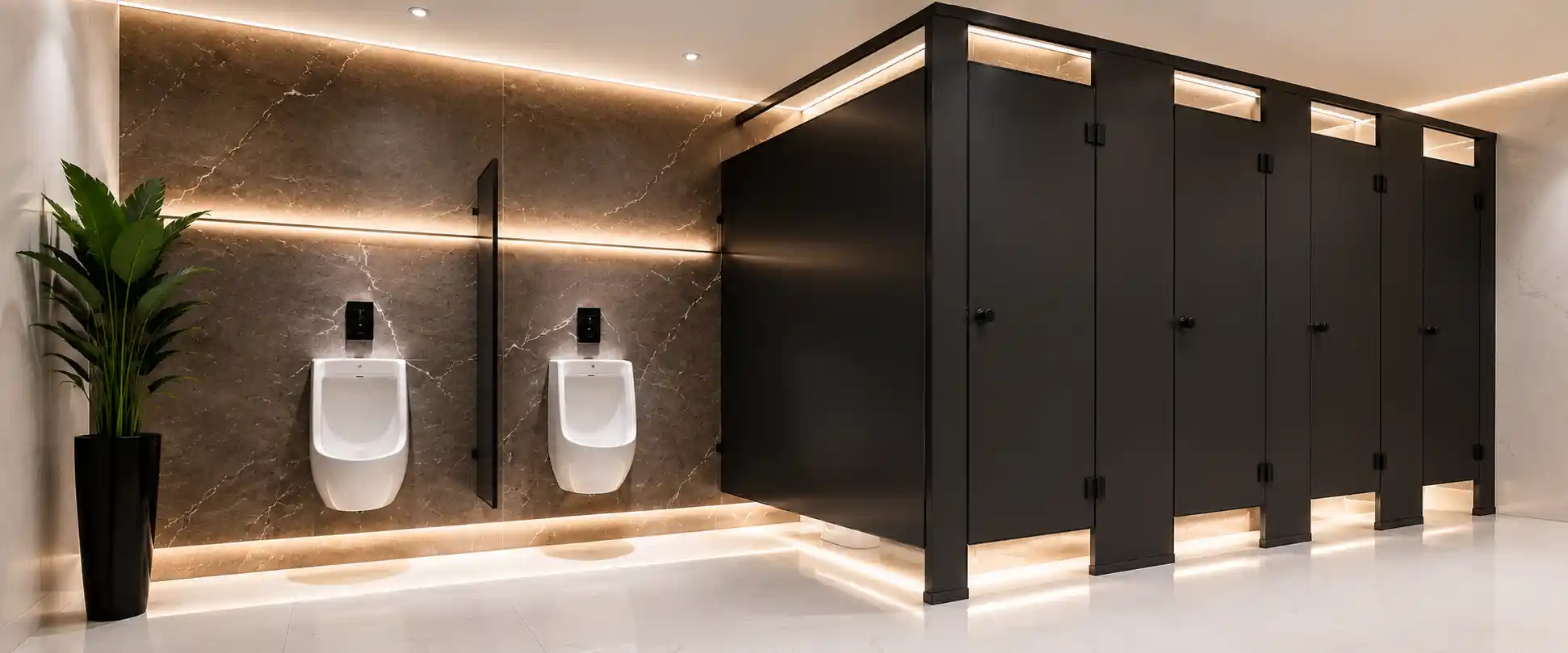 Instalación de mamparas sanitarias de grado comercial en acabado negro mate con iluminación LED para baños públicos en San Juan del Río, Querétaro.