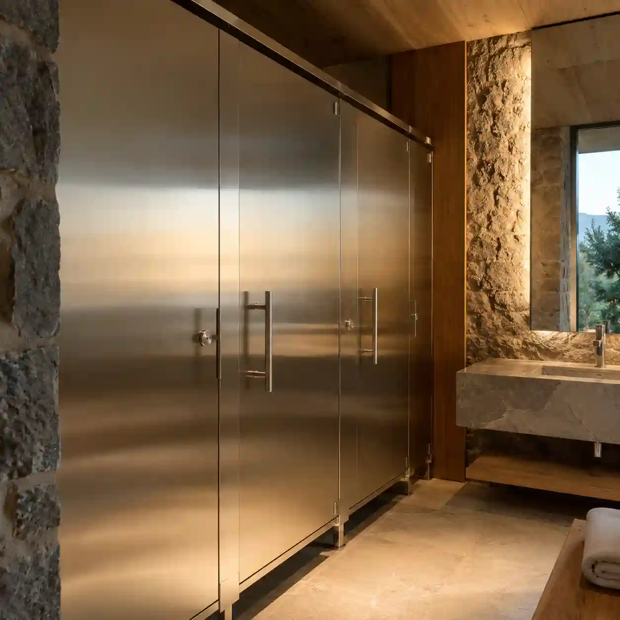 Canceles de Vidrio Templado y Duchas Personalizadas en Conjunto Residencial, Balcones de Amealco Tres duchas de baño personalizadas con canceles de vidrio templado transparente y herrajes minimalistas de acero inoxidable, instaladas de forma precisa en un baño de lujo con paredes de piedra y lavabo de mármol en un desarrollo residencial exclusivo de Balcones de Amealco.