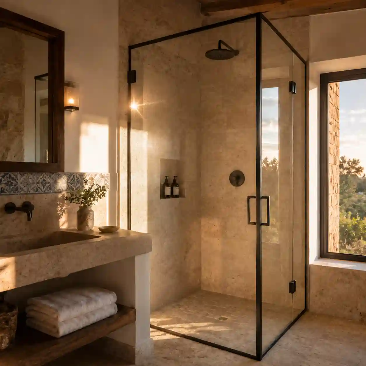 Canceles de Vidrio Templado en Colón, Querétaro – Hotel Boutique Instalación de cancel de baño en vidrio templado con perfilería negra para hotel boutique en Villa de Colón, Querétaro, en la Ruta del Queso y Vino.