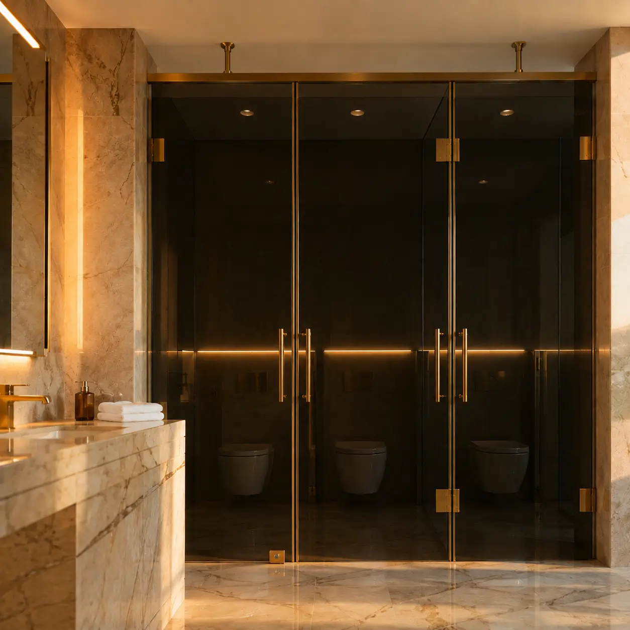 Instalación de mamparas y divisiones de vidrio templado con herrajes dorados para baño de hotel boutique en San Juan del Río, Querétaro.
