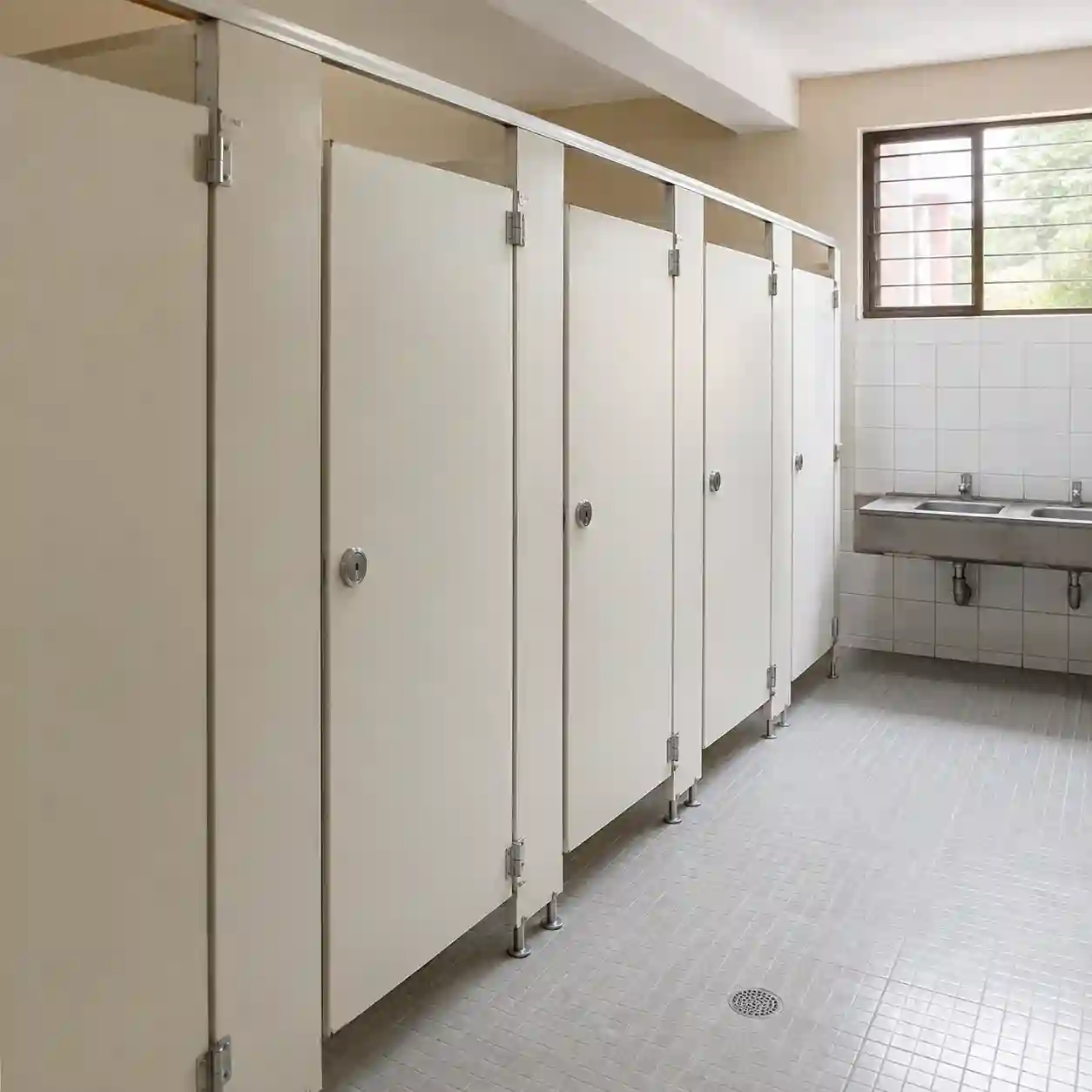 Instalación de Mamparas Sanitarias de Sólido Fenólico en Amealco de Bonfil, Querétaro Módulos sanitarios con mamparas de sólido fenólico en color beige instalados para un centro comercial en Amealco de Bonfil, Querétaro.