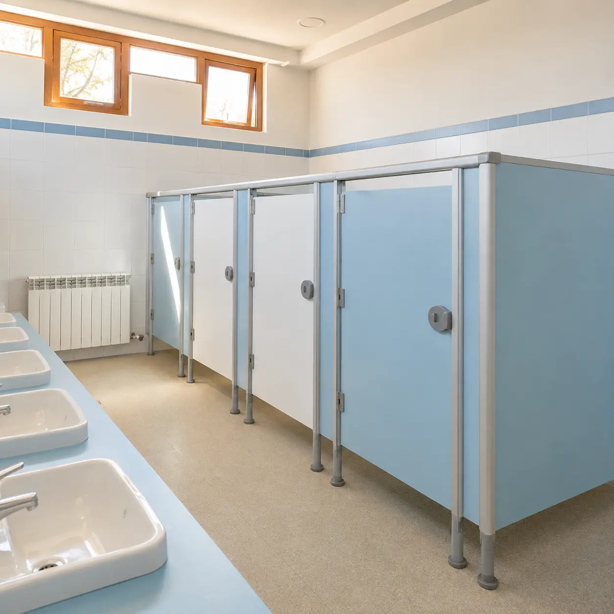 Mamparas de panelart melamínico en baños escolares en San Juan del Río
