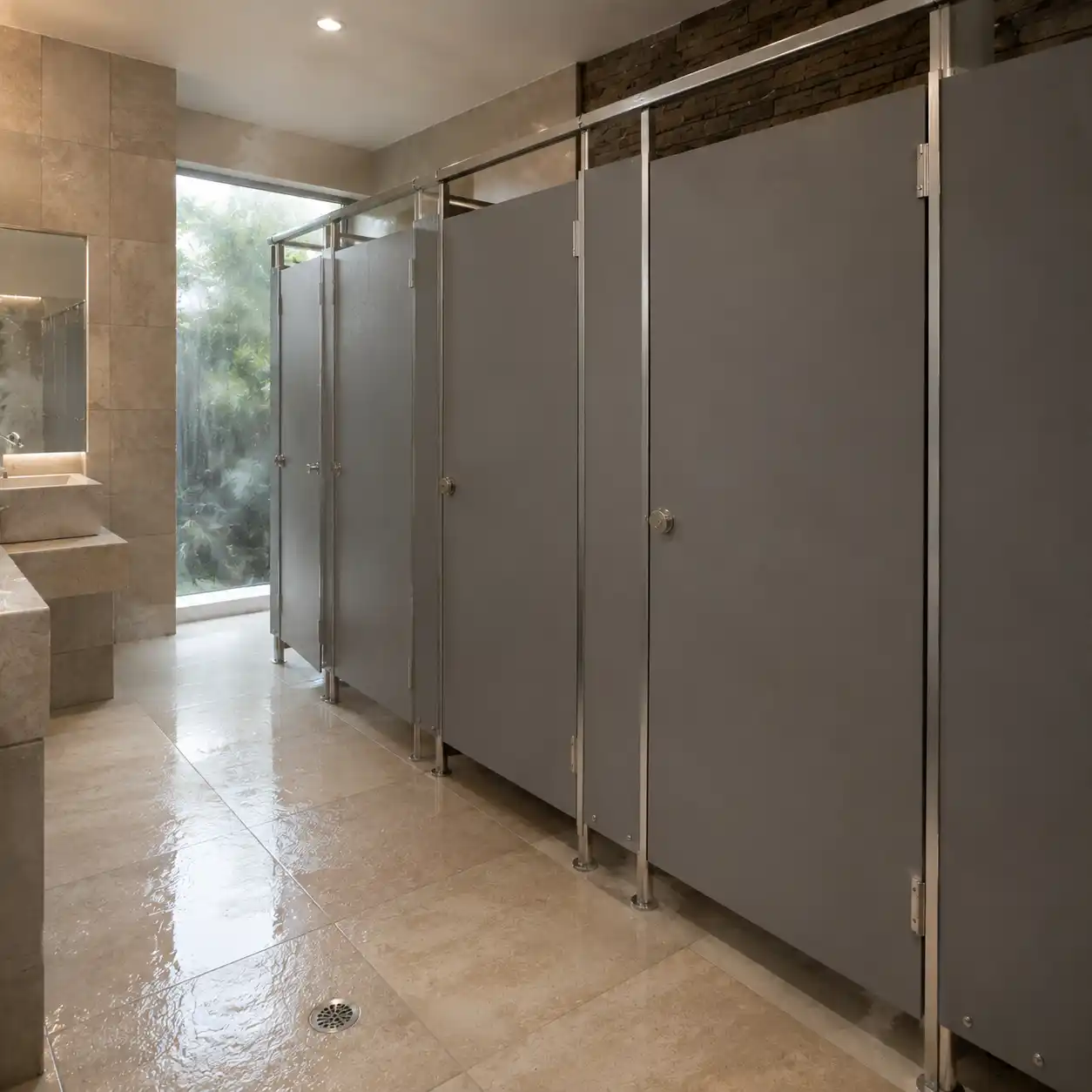 Mamparas de Sólido Fenólico para Balneario de Aguas Termales en Tequisquiapan Instalación de mamparas para baño en sólido fenólico color gris en balneario de aguas termales resistente a la humedad constante en Tequisquiapan, Querétaro.