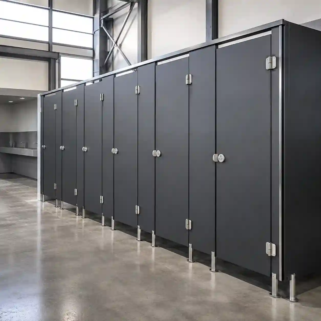 Mamparas de Sólido Fenólico en Colón, Querétaro – Corredor Aeroespacial Instalación de mamparas de sólido fenólico en gris oscuro para módulos sanitarios de uso industrial en una planta del Corredor Aeroespacial, Municipio de Colón, Querétaro.
