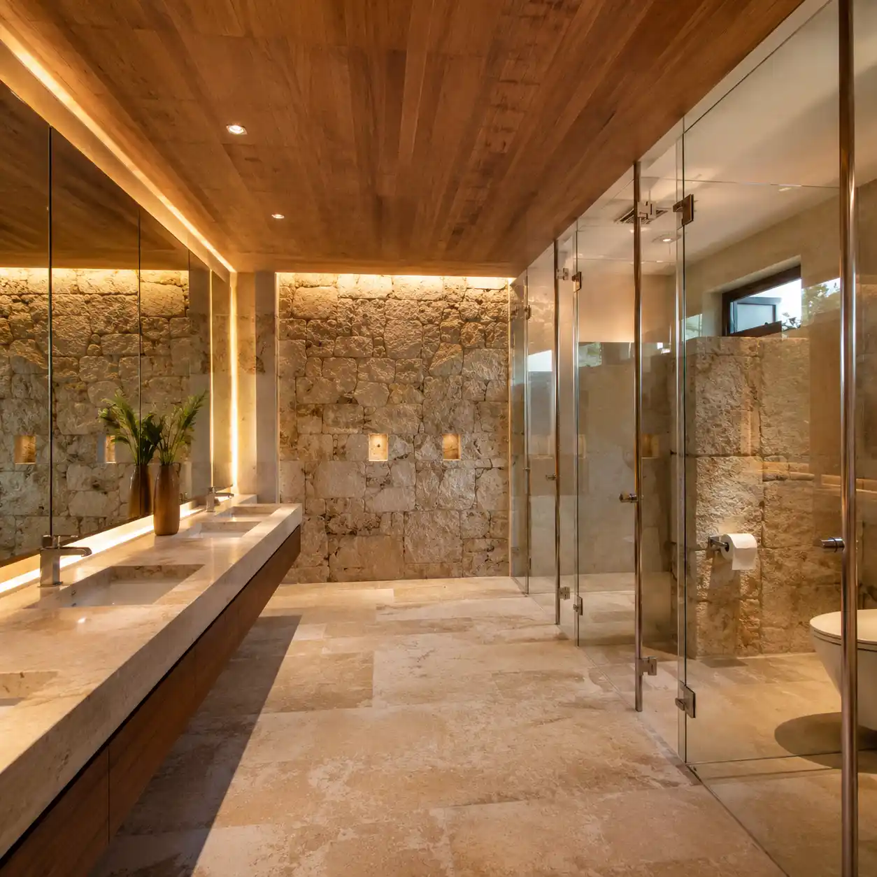Instalación de vidrio templado en baño de hotel boutique en Los Frailes, Tequisquiapan Divisiones y canceles de vidrio templado para baños en hotel boutique ubicado en Los Frailes, Tequisquiapan, Querétaro.